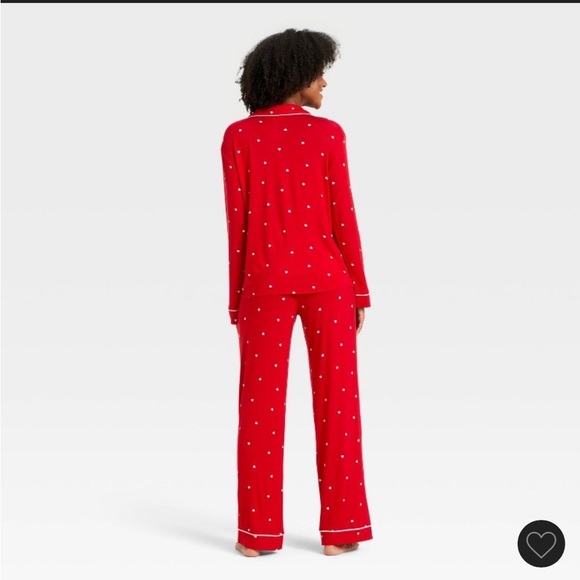 Auden Women's Cloud Knit Modal Long Sleep Notch Collar Pajama Set—Red with Heart - Picture 2 of 3